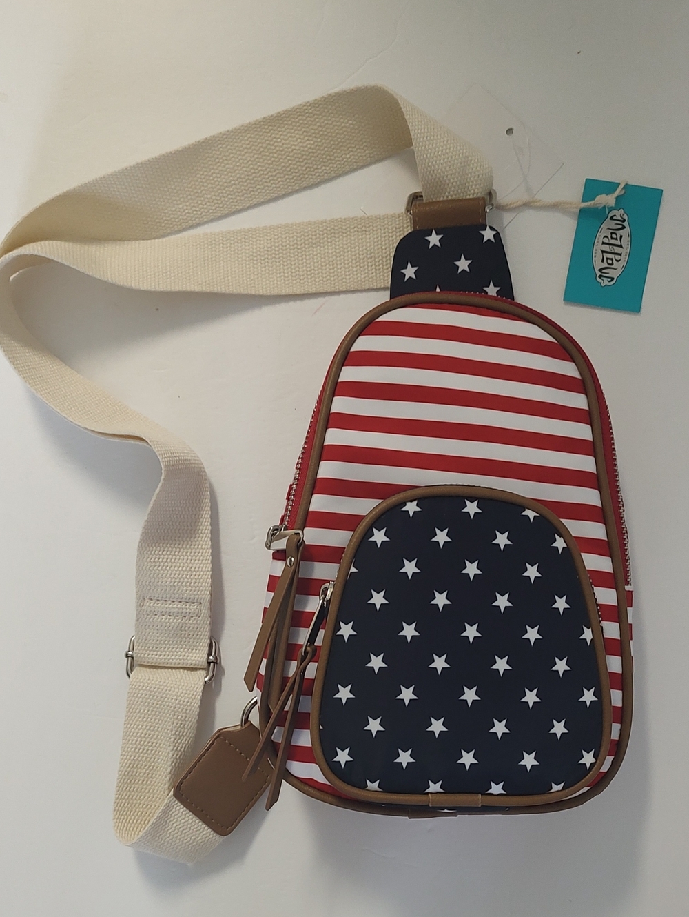 New Patriotic Stars & Stripes Crossbody Sling Bag - Cream Strap